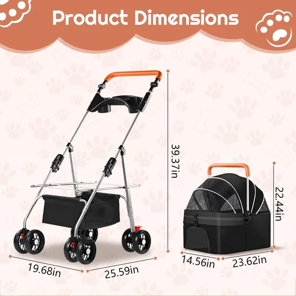 Simcat Pet Stroller for Small Dogs Cats, Foldable Cat Dog Pram for Medium Dogs with 360 ° Wear-Resistant Rubber Wheels Dog Travel Carrier (Black)