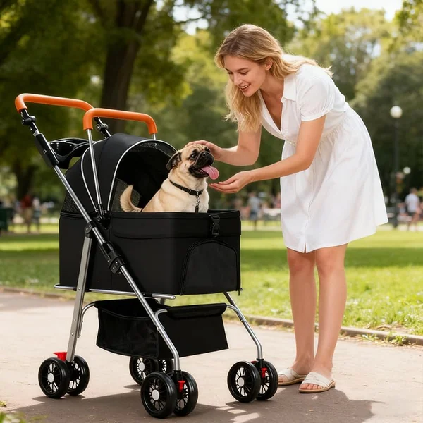 Simcat Pet Stroller for Small Dogs Cats, Foldable Cat Dog Pram for Medium Dogs with 360 ° Wear-Resistant Rubber Wheels Dog Travel Carrier (Black)