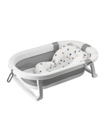 simpa Foldable Baby Bath Tub with Stand & Support Cushion – Portable Non-Slip Ergonomic Baby Bathtub for Newborns & Babies – White/Grey – 66.5 x 41 x 18 cm
