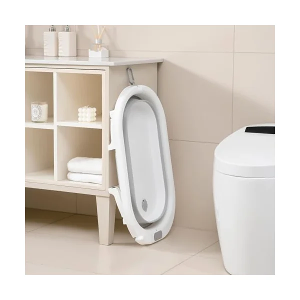 simpa Foldable Baby Bath Tub with Stand & Support Cushion – Portable Non-Slip Ergonomic Baby Bathtub for Newborns & Babies – White/Grey – 66.5 x 41 x 18 cm