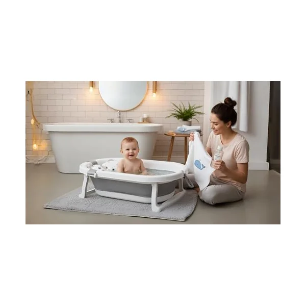 simpa Foldable Baby Bath Tub with Stand & Support Cushion – Portable Non-Slip Ergonomic Baby Bathtub for Newborns & Babies – White/Grey – 66.5 x 41 x 18 cm