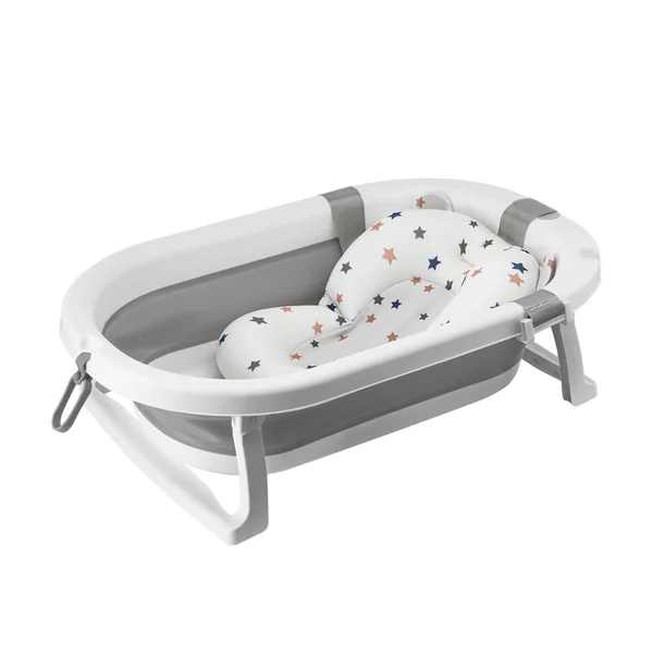 simpa Foldable Baby Bath Tub with Stand & Support Cushion – Portable Non-Slip Ergonomic Baby Bathtub for Newborns & Babies – White/Grey – 66.5 x 41 x 18 cm