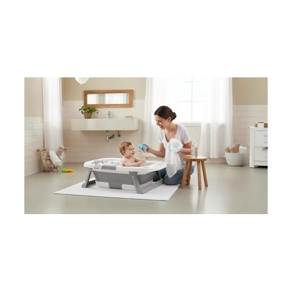 simpa Foldable & Collapsible Baby Bath Tub with Support Cushion – Portable, Non-Slip, Temperature-Sensitive Plug for Newborns to 3 Years