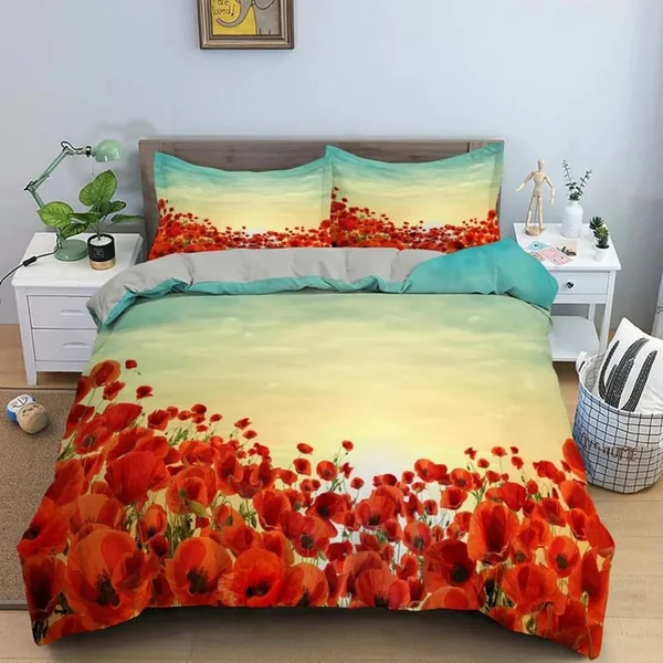 Single Duvet Cover Set Beige Poppy Soft Single Duvet Cover 110g/㎡ Microfiber Single Duvet Set with 1 Pillowcase (19"x29") Cot Bed Duvet Cover Set for Girls Boys Gift
