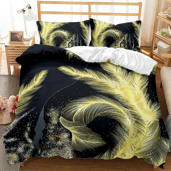 Single Duvet Cover Set Black Feathers Soft Single Duvet Cover 110g/㎡ Microfiber Single Duvet Set with 1 Pillowcase (19"x29") Cot Bed Duvet Cover Set for Girls Boys Gift