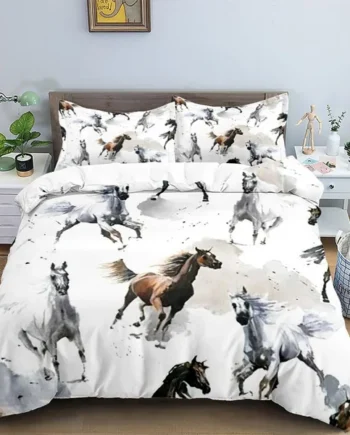 Single Duvet Cover Set Horse White Soft Single Duvet Cover 110g/㎡ Microfiber Single Duvet Set with 1 Pillowcase (19"x29") Cot Bed Duvet Cover Set for Girls Boys Gift