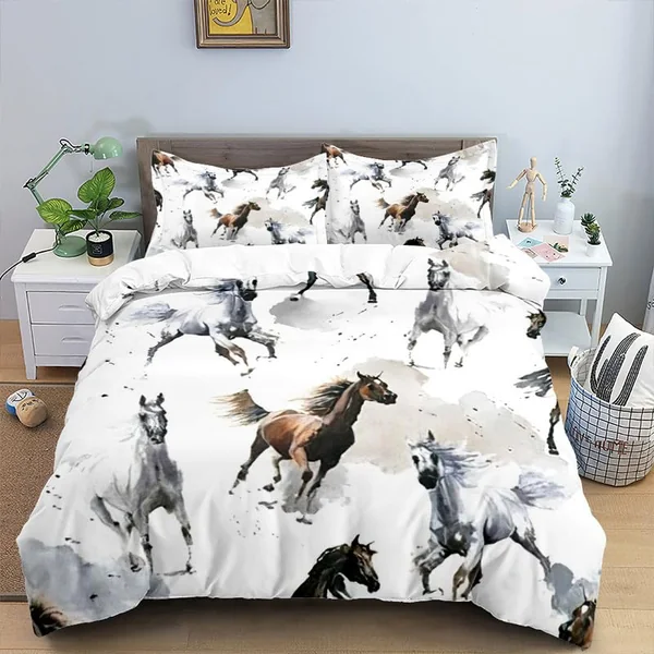 Single Duvet Cover Set Horse White Soft Single Duvet Cover 110g/㎡ Microfiber Single Duvet Set with 1 Pillowcase (19"x29") Cot Bed Duvet Cover Set for Girls Boys Gift