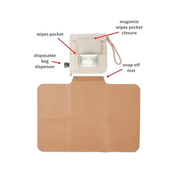 Skip Hop Travel Baby Changing Pad with Easy-Clean Surface, Covers Public Changing Stations, Wipes Pocket, Diaper Storage, Disposable Bag Dispenser and Magnetic Wipes Pocket, Clean Slate, Oat