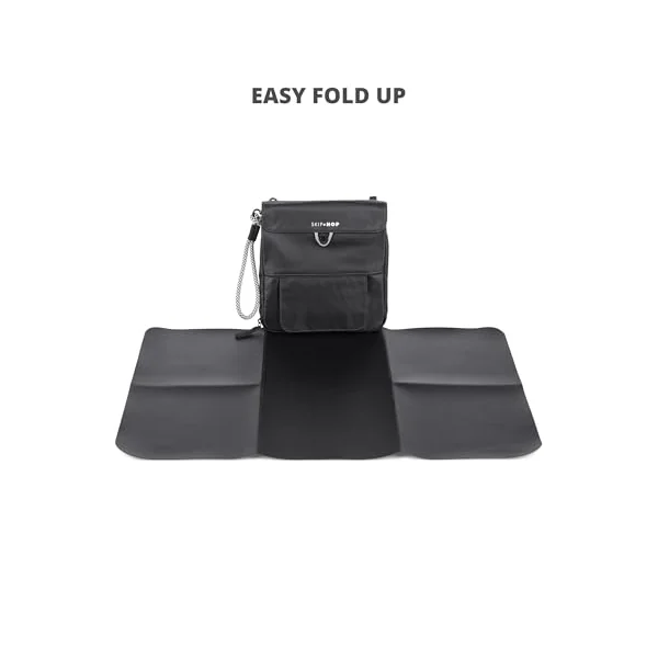 Skip Hop Travel Baby Changing Pad with Easy-Clean Surface, Wipes Pocket, Diaper Storage, Disposable Bag Dispenser and Magnetic Wipes Pocket, Clean Slate, Black