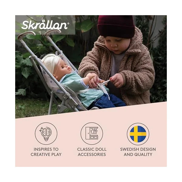 Skrållan Cute Dolls Pushchair — Folding Toy Doll Stroller Pushchair Pram — Dolls Buggy Toys for 45cm or 18 Inch Doll — Kids Toys Age 3 + — 53cm Tall with Cream Fabric
