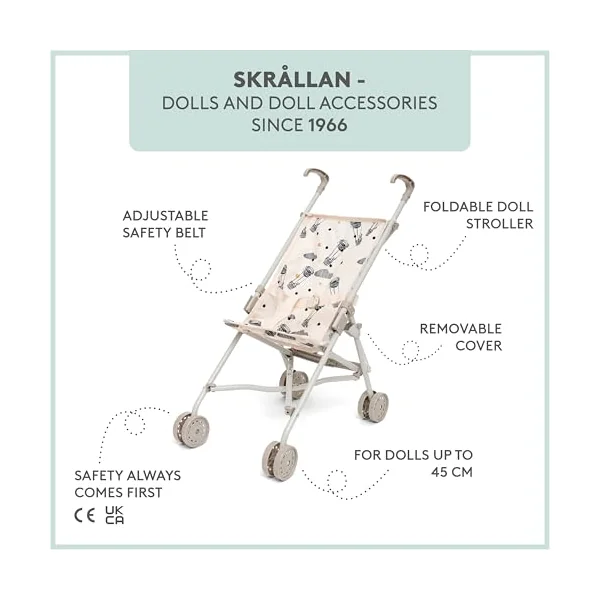 Skrållan Cute Dolls Pushchair — Folding Toy Doll Stroller Pushchair Pram — Dolls Buggy Toys for 45cm or 18 Inch Doll — Kids Toys Age 3 + — 53cm Tall with Cream Fabric