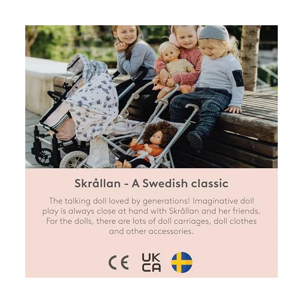 Skrållan Cute Dolls Pushchair — Folding Toy Doll Stroller Pushchair Pram — Dolls Buggy Toys for 45cm or 18 Inch Doll — Kids Toys Age 3 + — 53cm Tall with Cream Fabric