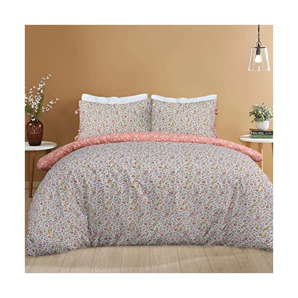 Sleepdown Ditsy Flowers Multi Orange White Reverse Soft Easy Care Duvet Cover Quilt Bedding Set Pillowcase with Ties - Single (135cm x 200cm)
