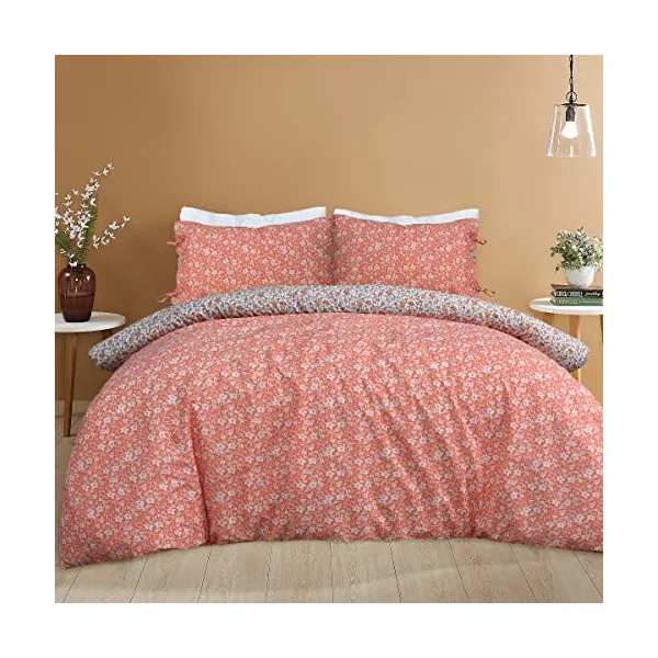 Sleepdown Ditsy Flowers Multi Orange White Reverse Soft Easy Care Duvet Cover Quilt Bedding Set Pillowcase with Ties - Single (135cm x 200cm)