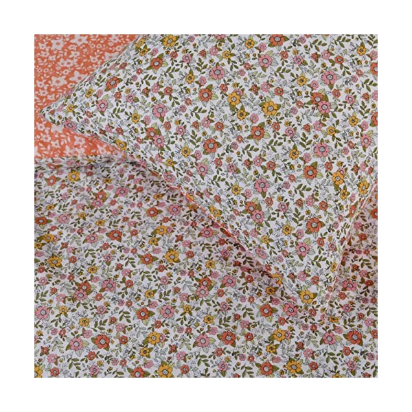 Sleepdown Ditsy Flowers Multi Orange White Reverse Soft Easy Care Duvet Cover Quilt Bedding Set Pillowcase with Ties - Single (135cm x 200cm)