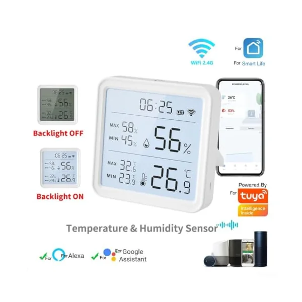 Smart for tuya Thermometer Hygrometer WiFi Indoor Sensor Smart | HD backlit screen, syncs phone time, touch logo light, clear low-light viewing, accurate real-time data
