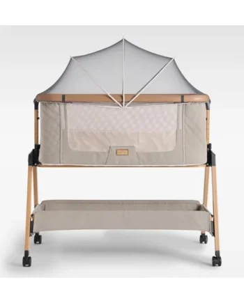 SnooBee Next To Me Bedside Crib & Baby Co-Sleeper – 6 Height Levels, Wheels, Quilted Mattress, Breathable Mesh Sides with Mosquito Net, Foldable Baby Cot with Carry Bag (0–6 Months) - Khaki/Pine