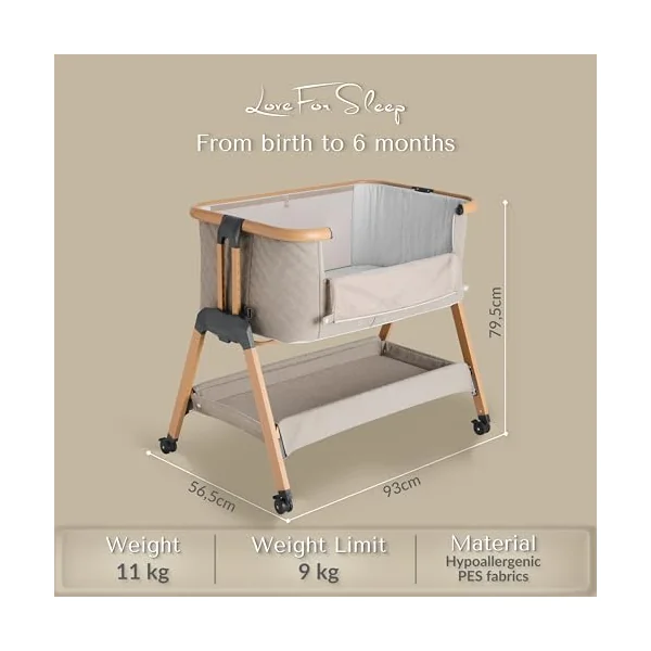 SnooBee Next To Me Bedside Crib & Baby Co-Sleeper – 6 Height Levels, Wheels, Quilted Mattress, Breathable Mesh Sides with Mosquito Net, Foldable Baby Cot with Carry Bag (0–6 Months) - Khaki/Pine
