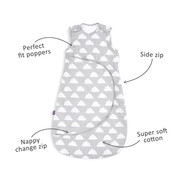 Snuz Baby Sleeping Bag with Nappy Zip - For Easy Nappy Changes, Super Soft Cotton Sleeping Bags with Easy Fit Poppers, Meets British Safety Standard, Cloud Nine, 2.5 Tog 0-6M