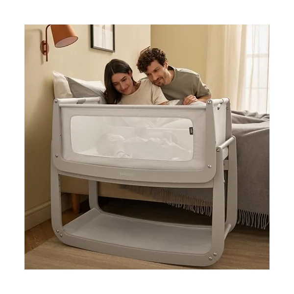 SnuzPod 5 Bedside Crib - Newborn Next to Me Crib with Zip Down Breathable Windows, Lift-Off Bassinet, Portable & Rocking Stand, 3-in-1 Baby Bed with Wheels & Mattress, Pebble