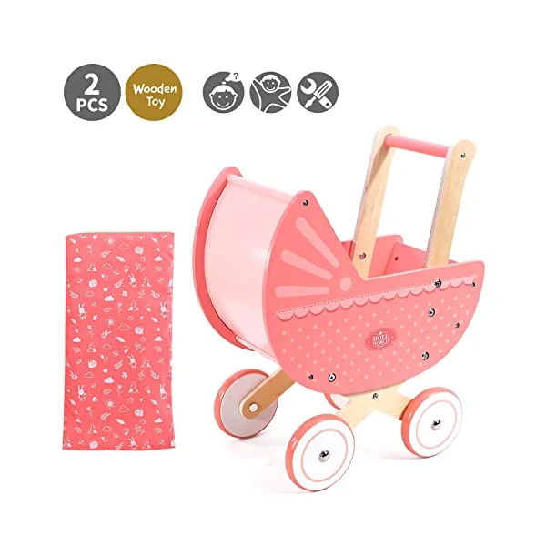 SOKA Doll World Pram Push Along Toy Baby Toddler First Step Activity Walker Push & Pull Walking Wagon Princess Pretend Play Pushchair Gift for Kids Children Girls Ages 3 year old +
