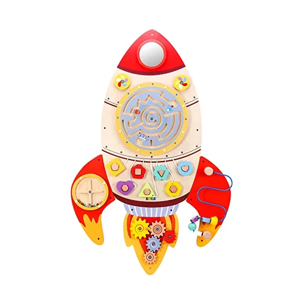 SOKA Wall Element Rocket Activity Wooden Board Fun Space Adventure Multi-Interactive Toy Shape Sorter Spinning Maze Educational Montessori for Kids Children Boy Girl Ages 3 year old +