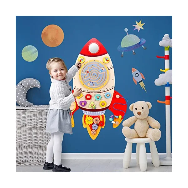 SOKA Wall Element Rocket Activity Wooden Board Fun Space Adventure Multi-Interactive Toy Shape Sorter Spinning Maze Educational Montessori for Kids Children Boy Girl Ages 3 year old +