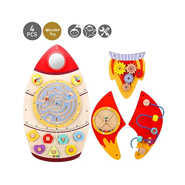 SOKA Wall Element Rocket Activity Wooden Board Fun Space Adventure Multi-Interactive Toy Shape Sorter Spinning Maze Educational Montessori for Kids Children Boy Girl Ages 3 year old +