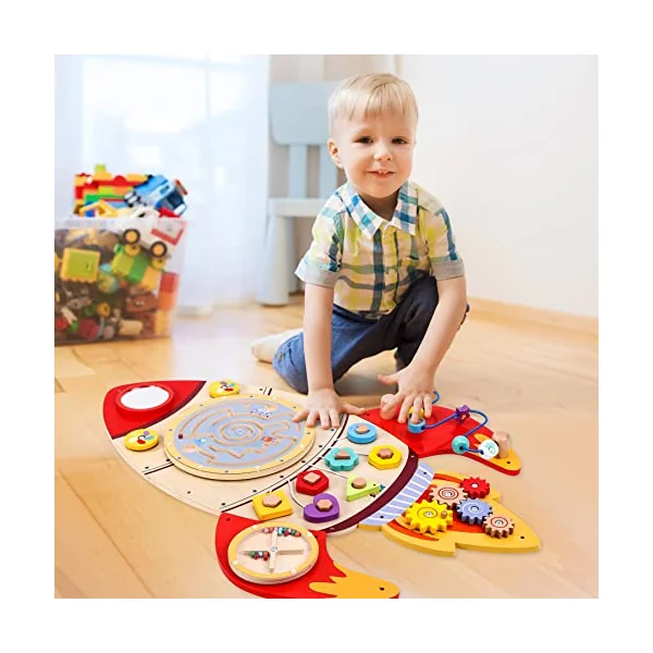 SOKA Wall Element Rocket Activity Wooden Board Fun Space Adventure Multi-Interactive Toy Shape Sorter Spinning Maze Educational Montessori for Kids Children Boy Girl Ages 3 year old +