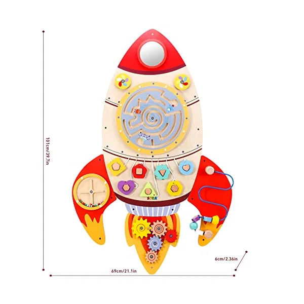 SOKA Wall Element Rocket Activity Wooden Board Fun Space Adventure Multi-Interactive Toy Shape Sorter Spinning Maze Educational Montessori for Kids Children Boy Girl Ages 3 year old +