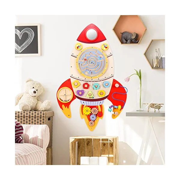 SOKA Wall Element Rocket Activity Wooden Board Fun Space Adventure Multi-Interactive Toy Shape Sorter Spinning Maze Educational Montessori for Kids Children Boy Girl Ages 3 year old +
