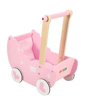 SOKA Wooden Push Along Pink Princess Doll Pram for Boys and Girls Pretend Play with Non-Slip Rimmed Wheels