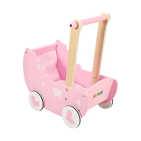 SOKA Wooden Push Along Pink Princess Doll Pram for Boys and Girls Pretend Play with Non-Slip Rimmed Wheels