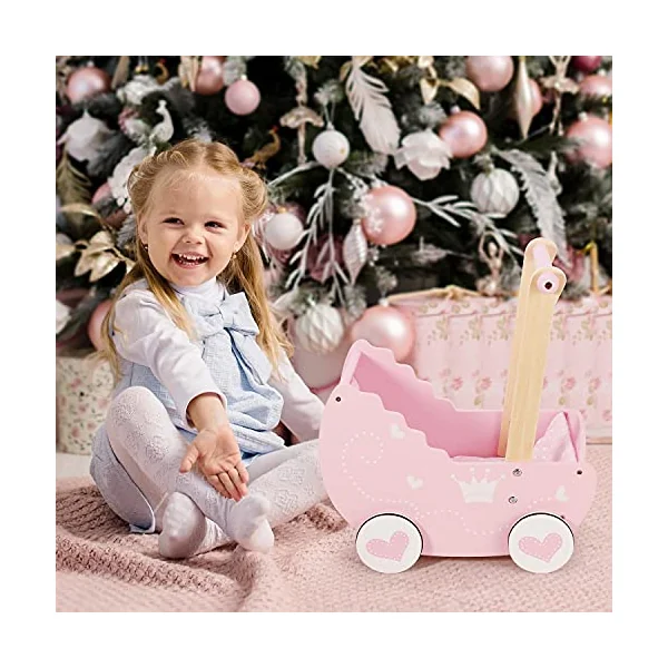 SOKA Wooden Push Along Pink Princess Doll Pram for Boys and Girls Pretend Play with Non-Slip Rimmed Wheels