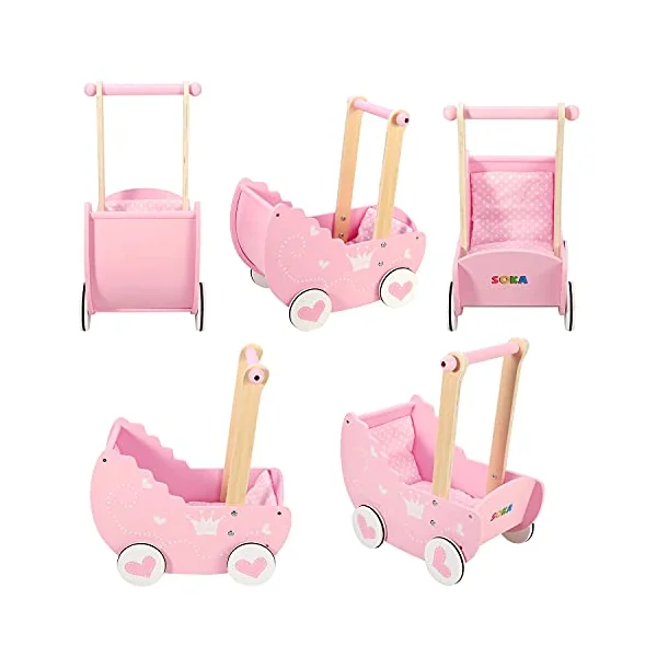 SOKA Wooden Push Along Pink Princess Doll Pram for Boys and Girls Pretend Play with Non-Slip Rimmed Wheels