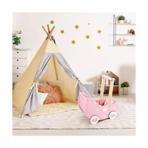 SOKA Wooden Push Along Pink Princess Doll Pram for Boys and Girls Pretend Play with Non-Slip Rimmed Wheels