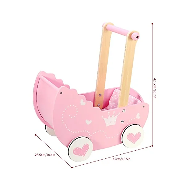 SOKA Wooden Push Along Pink Princess Doll Pram for Boys and Girls Pretend Play with Non-Slip Rimmed Wheels