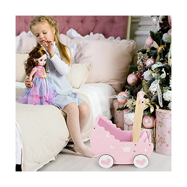 SOKA Wooden Push Along Pink Princess Doll Pram for Boys and Girls Pretend Play with Non-Slip Rimmed Wheels