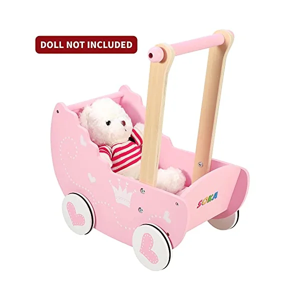SOKA Wooden Push Along Pink Princess Doll Pram for Boys and Girls Pretend Play with Non-Slip Rimmed Wheels