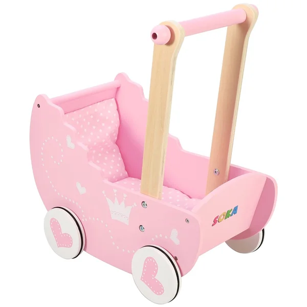 SOKA Wooden Push Along Pink Princess Doll Pram for Boys and Girls Pretend Play with Non-Slip Rimmed Wheels