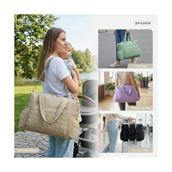 SPAHER Nappy Bags Baby Changing Bags Organiser for Mum and Dad Waterproof Diaper Hospital Maternity Bag Large Capacity Totes Handbag with Wet Pockets and Trolley Sleeve
