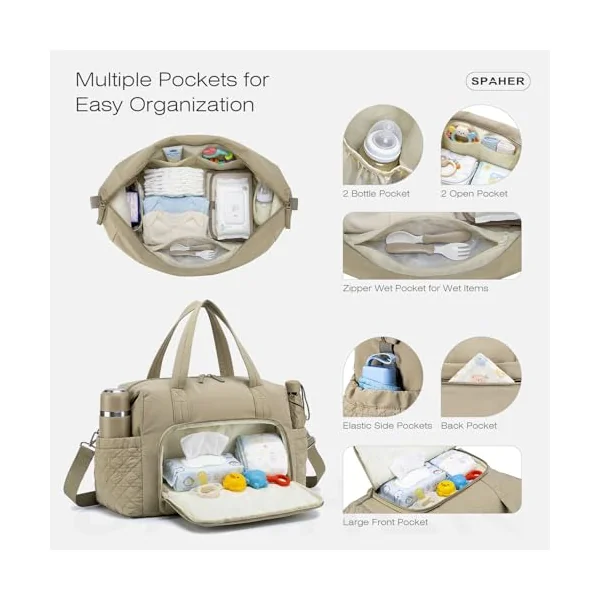 SPAHER Nappy Bags Baby Changing Bags Organiser for Mum and Dad Waterproof Diaper Hospital Maternity Bag Large Capacity Totes Handbag with Wet Pockets and Trolley Sleeve