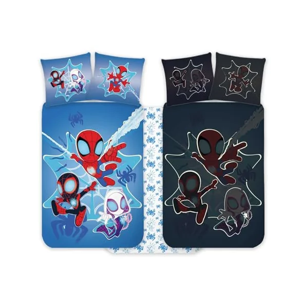 Spidey Amazing Friends Baby Duvet Cover 100x135 + Pillowcase 40x60 Gift | Reversible baby bedding | Natural cotton soft Oeko-Tex | Glow in the dark | Official Marvel | Boys 0-3 | Cot | Gift idea