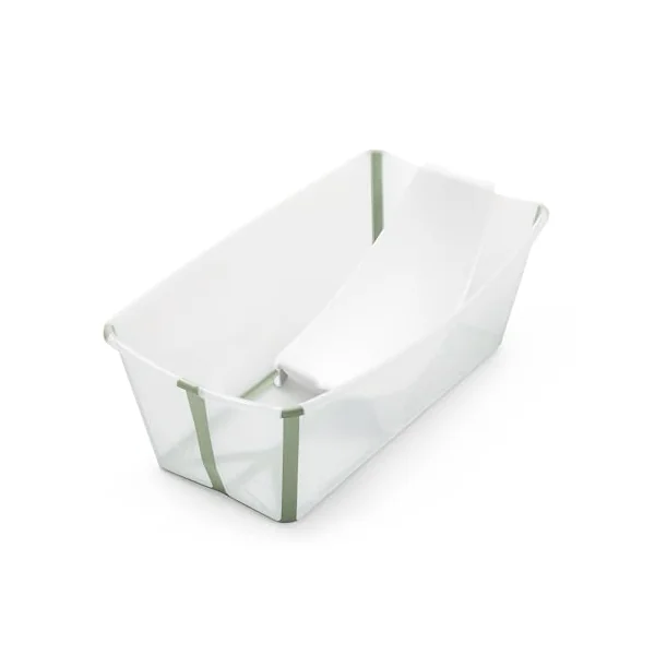 Stokke Flexi Bath Standard + Newborn Support - Foldable Baby Bath for Newborns to 15kg - Compact, Portable Bath Set with Ergonomic Baby Support, Transparent Green