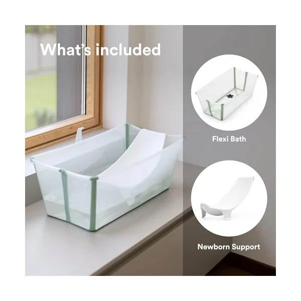 Stokke Flexi Bath Standard + Newborn Support - Foldable Baby Bath for Newborns to 15kg - Compact, Portable Bath Set with Ergonomic Baby Support, Transparent Green