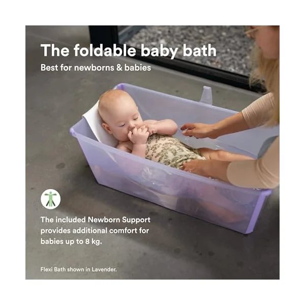 Stokke Flexi Bath Standard + Newborn Support - Foldable Baby Bath for Newborns to 15kg - Compact, Portable Bath Set with Ergonomic Baby Support, Transparent Green