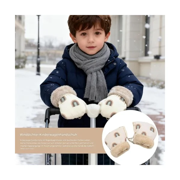 Stroller Gloves Plush Lined Windproof Hand Muff Warm | Anti-Freeze Kids Balance Bike Gloves Rainbow for Winter Cold Weather Outdoor Pushchair Pram