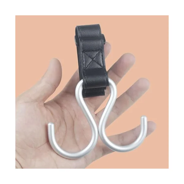 Stylish Double Hook for Baby Strollers PU Leather+Aluminum Alloy Pushchair Hanger Rack Organiser Hook Clip