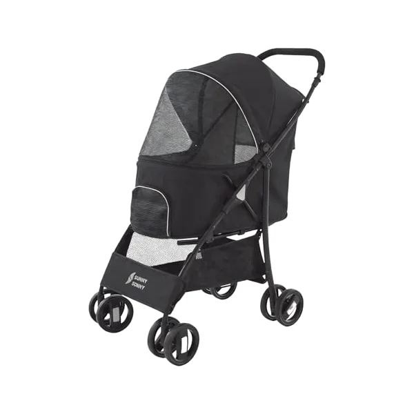 Sunny Sonny Pet Stroller for S/M Dogs & Cats up to 15kg, Kid Stroller,Foldable Portable Travel Carrier with Swivel Wheels, Rain Cover, Large Storage Basket, Zipper Entry & Safety Design (Black)
