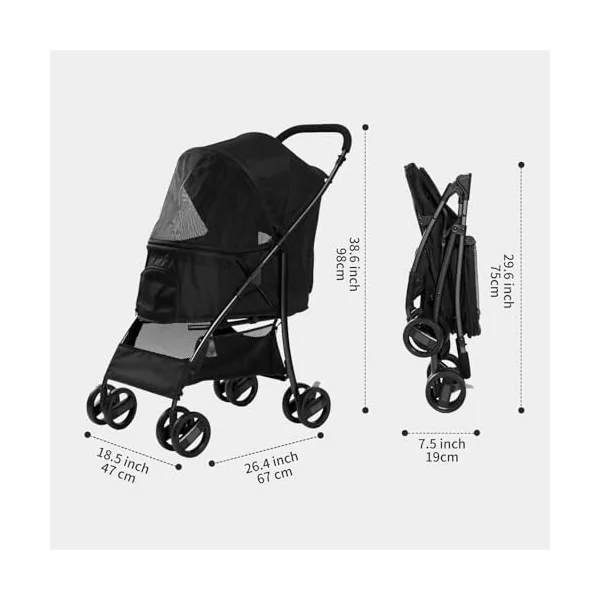 Sunny Sonny Pet Stroller for S/M Dogs & Cats up to 15kg, Kid Stroller,Foldable Portable Travel Carrier with Swivel Wheels, Rain Cover, Large Storage Basket, Zipper Entry & Safety Design (Black)